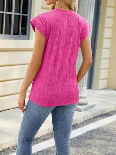 Textured Round Neck Cap Sleeve T-Shirt Women's T-Shirts - Tophatter Daily Deals