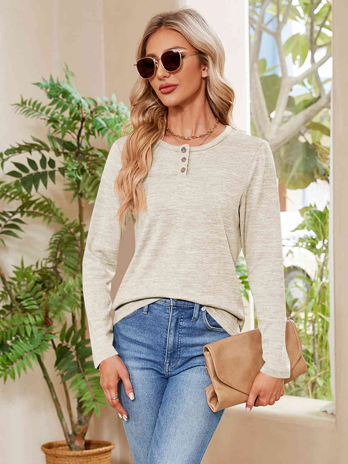 Buttoned Round Neck Long Sleeve T-Shirt Women's T-Shirts - Tophatter Daily Deals