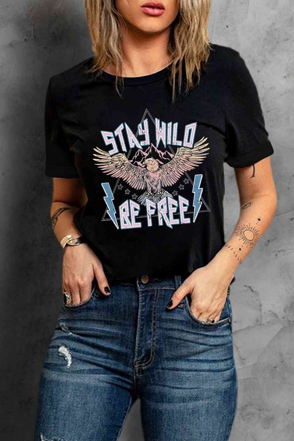 STAY WILD BE FREE Graphic Round Neck Tee Black Women's T-Shirts - Tophatter Daily Deals