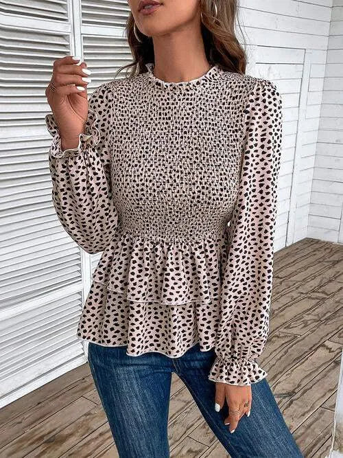 Printed Round Neck Smocked Flounce Sleeve T-Shirt Beige Blouses - Tophatter Daily Deals