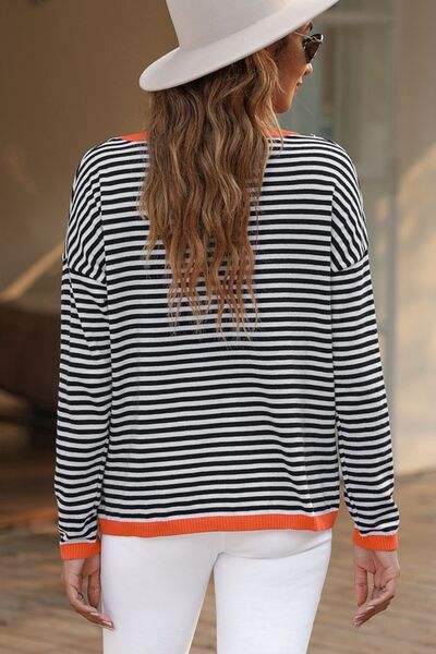 Striped Round Neck Drop Shoulder T-Shirt Blouses - Tophatter Daily Deals