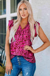 Floral Flutter Sleeve Notched Neck Blouse Rose Blouses - Tophatter Daily Deals