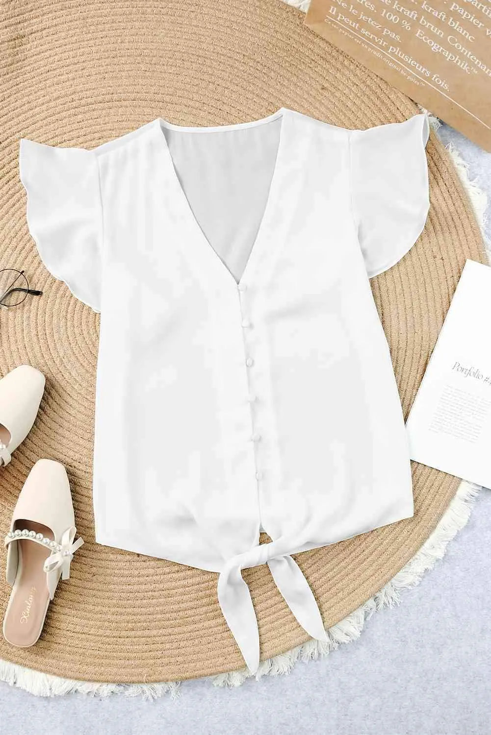 V-Neck Tie Hem Flutter Sleeve Blouse White Blouses - Tophatter Daily Deals