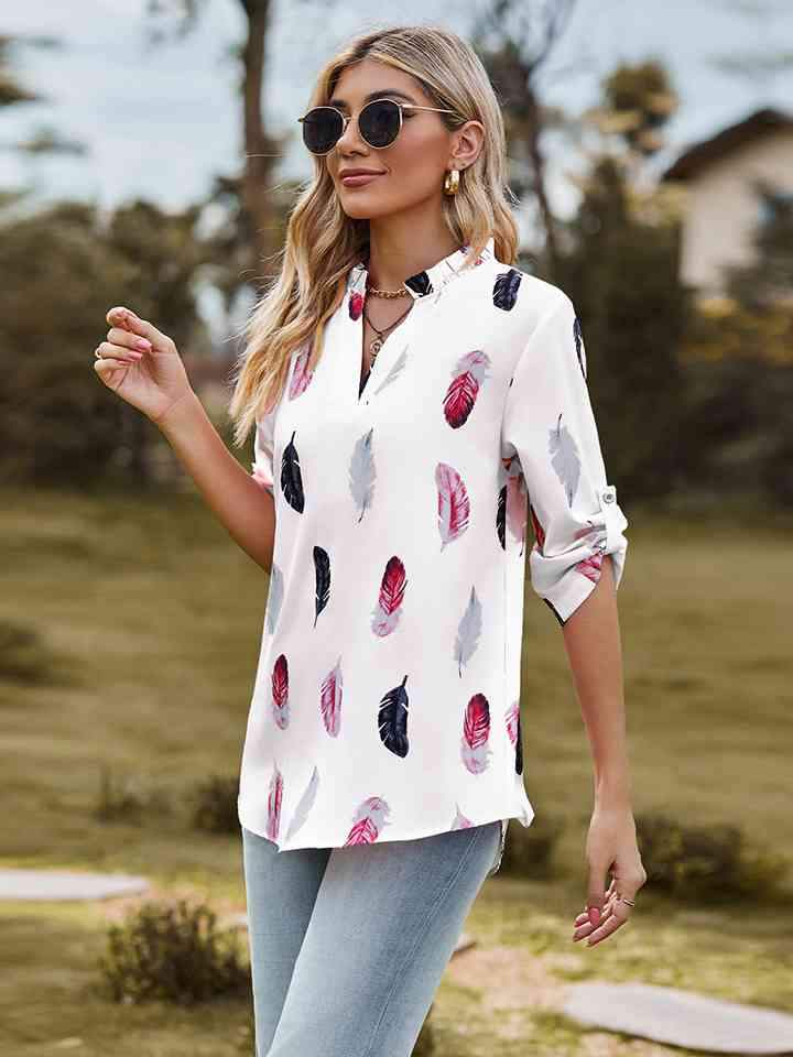 Printed Roll-Tab Sleeve Notched Neck Blouse Blouses - Tophatter Daily Deals