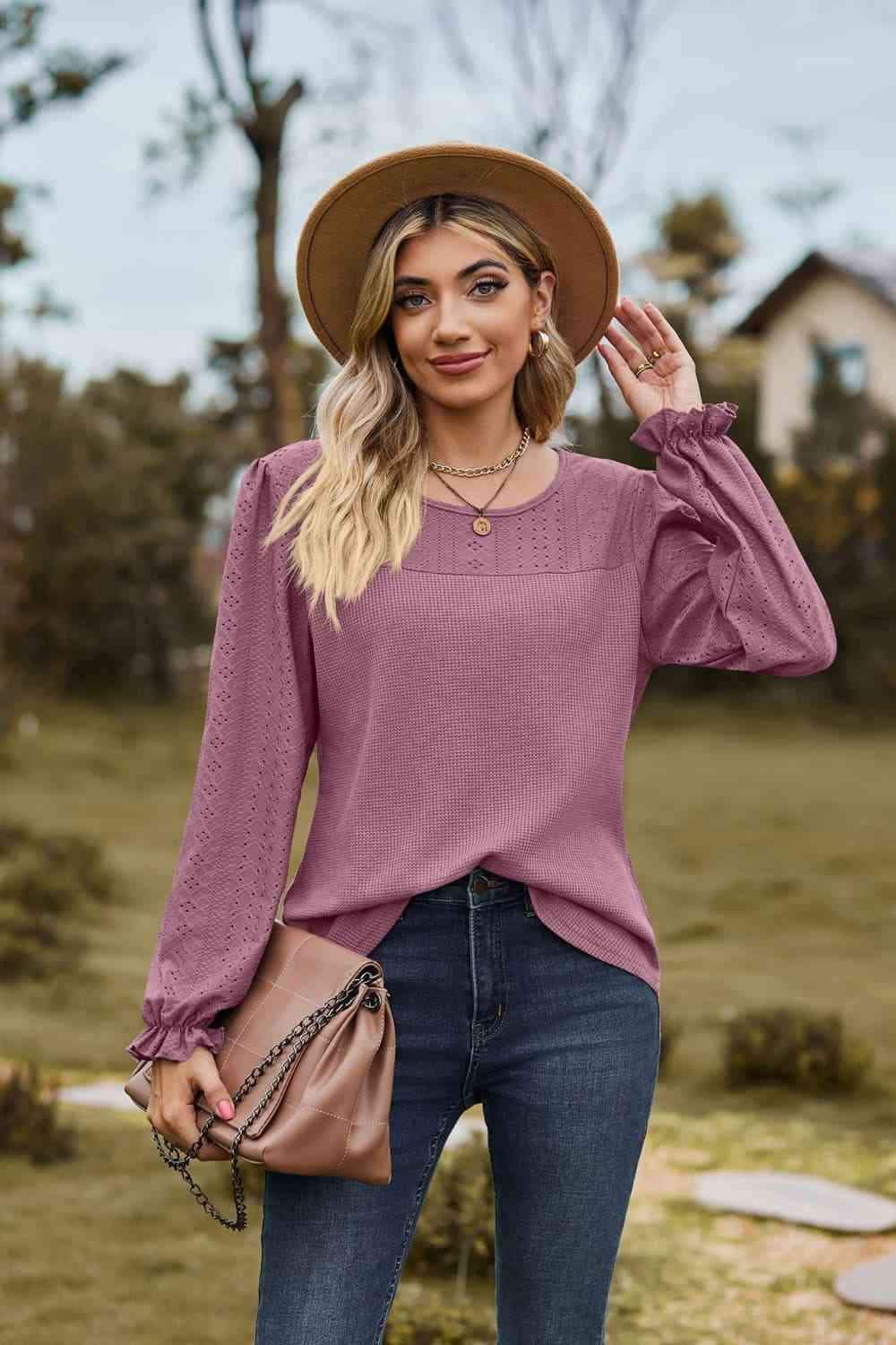 Round Neck Puff Sleeve Blouse Lilac Blouses - Tophatter Daily Deals