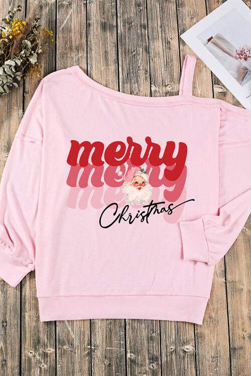 MERRY CHRISTMAS Graphic Asymmetrical Neck Top Blouses - Tophatter Daily Deals