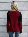 Contrast Buttoned Round Neck Raglan Sleeve Top Women's T-Shirts - Tophatter Daily Deals