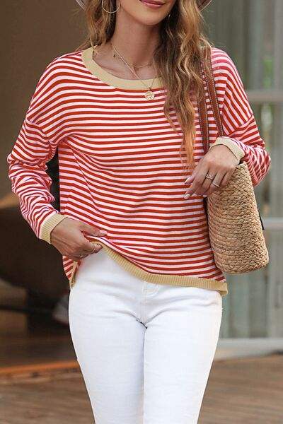 Striped Round Neck Drop Shoulder T-Shirt Blouses - Tophatter Daily Deals