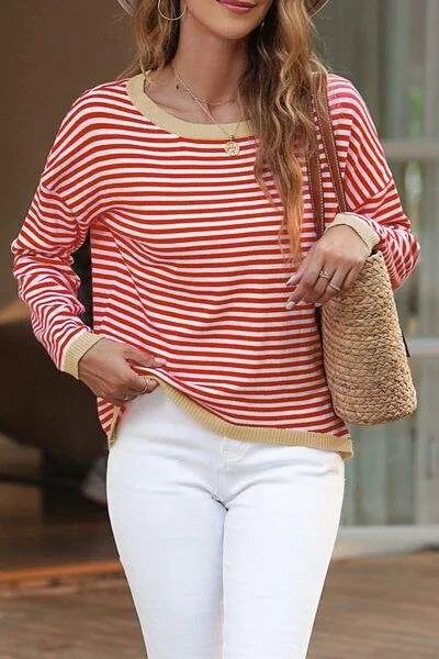 Striped Round Neck Drop Shoulder T-Shirt Blouses - Tophatter Daily Deals
