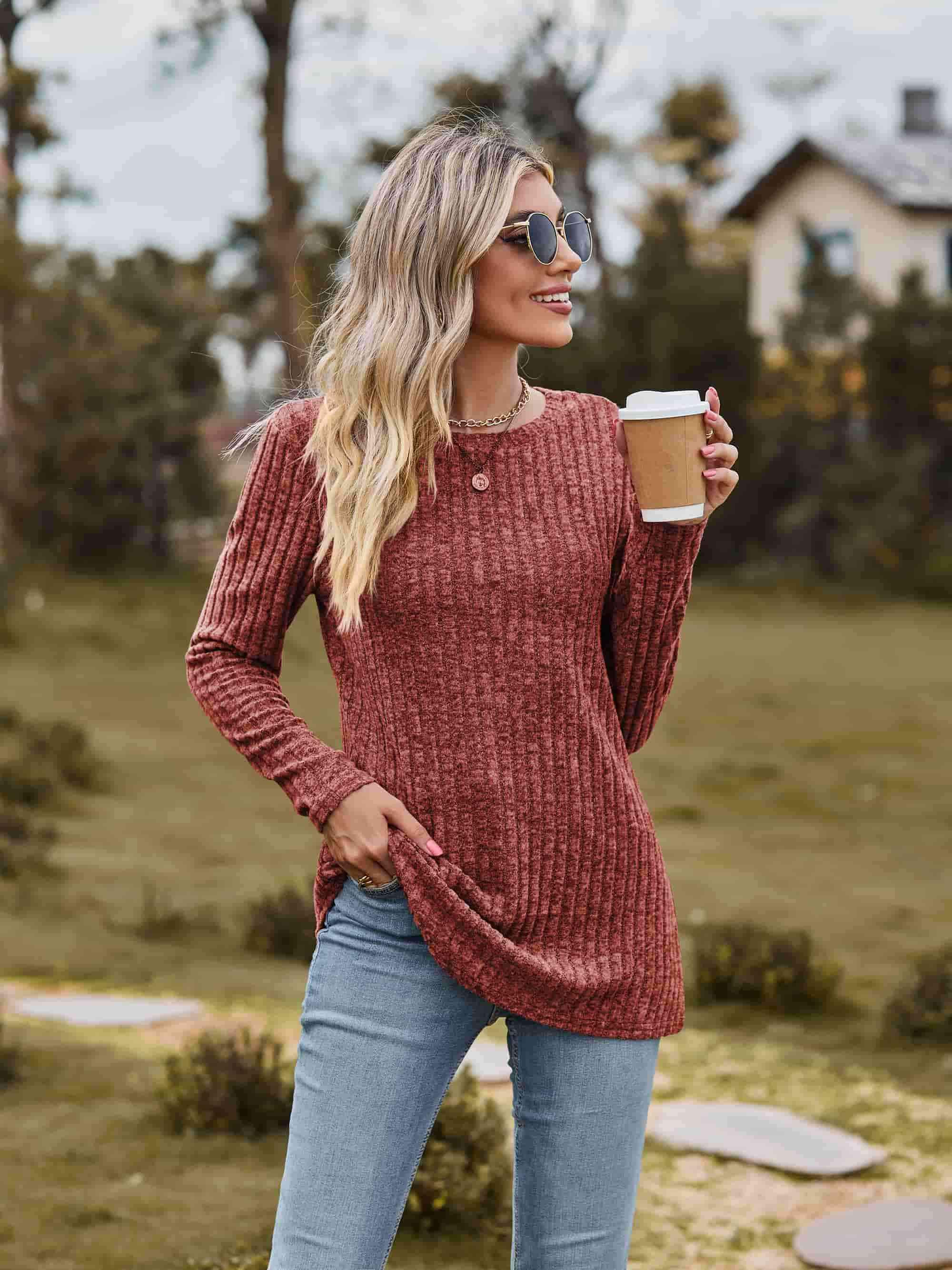 Ribbed Round Neck Long Sleeve Tee Women's T-Shirts - Tophatter Daily Deals