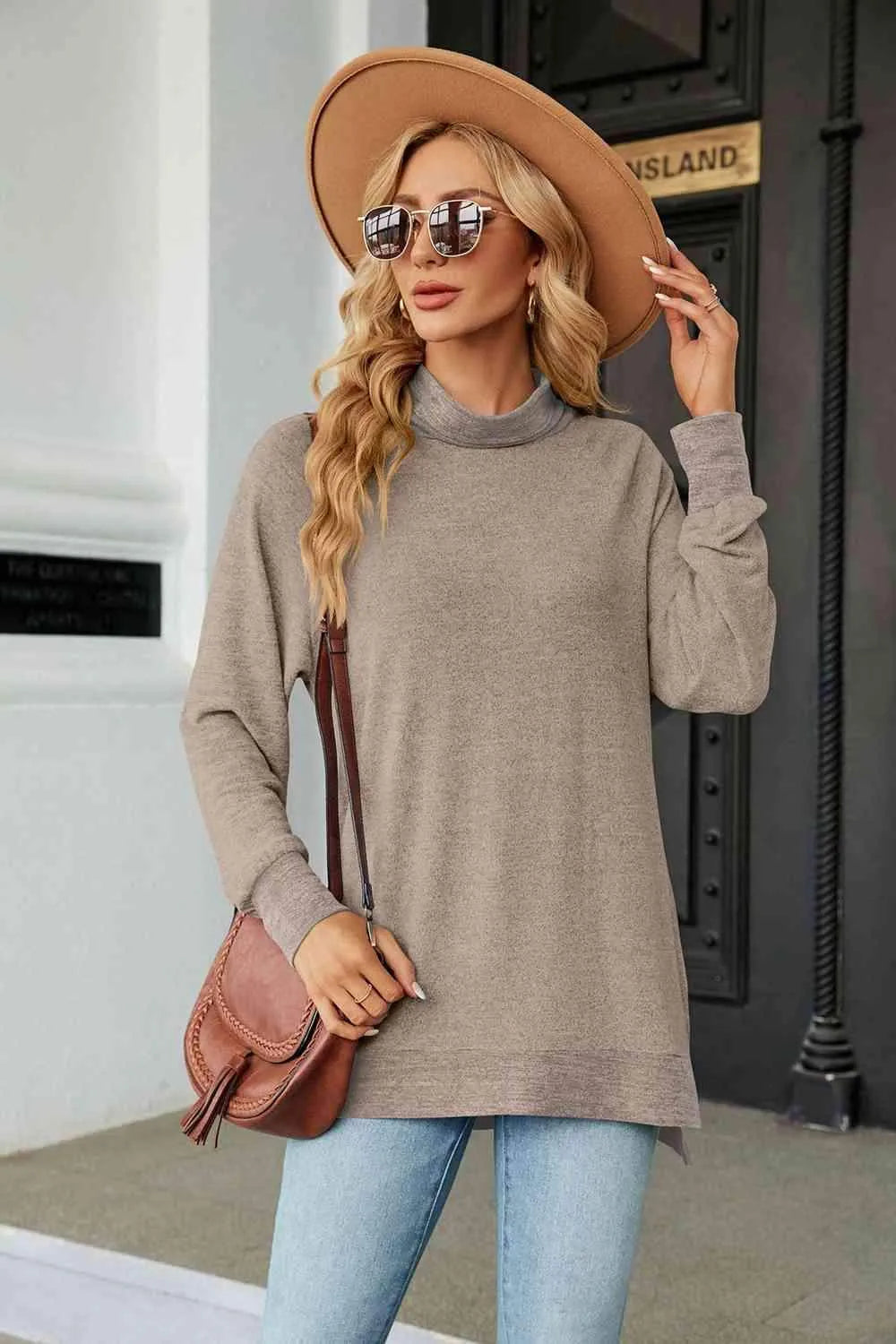 Turtle Neck Long Sleeve Slit Blouse Tan Blouses - Tophatter Daily Deals
