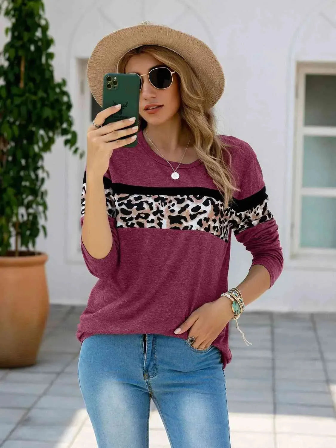 Leopard Round Neck Long Sleeve T-Shirt Women's T-Shirts - Tophatter Daily Deals