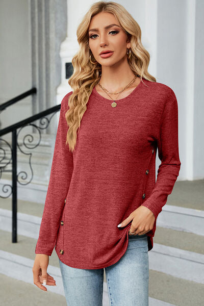 Decorative Button Round Neck T-Shirt Brick Red Women's T-Shirts - Tophatter Daily Deals