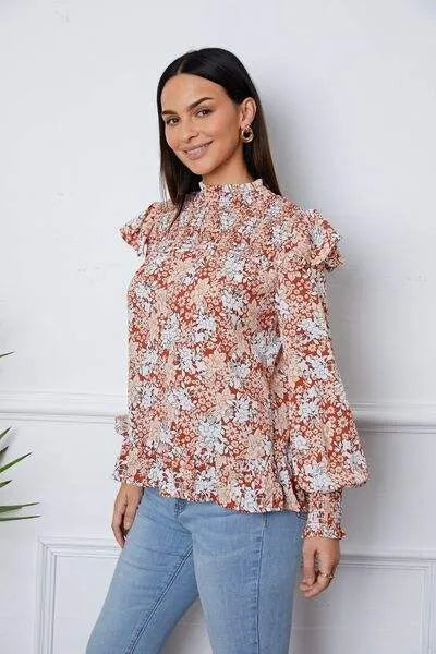 Floral Smocked Lantern Sleeve Ruffled Blouse Blouses - Tophatter Daily Deals