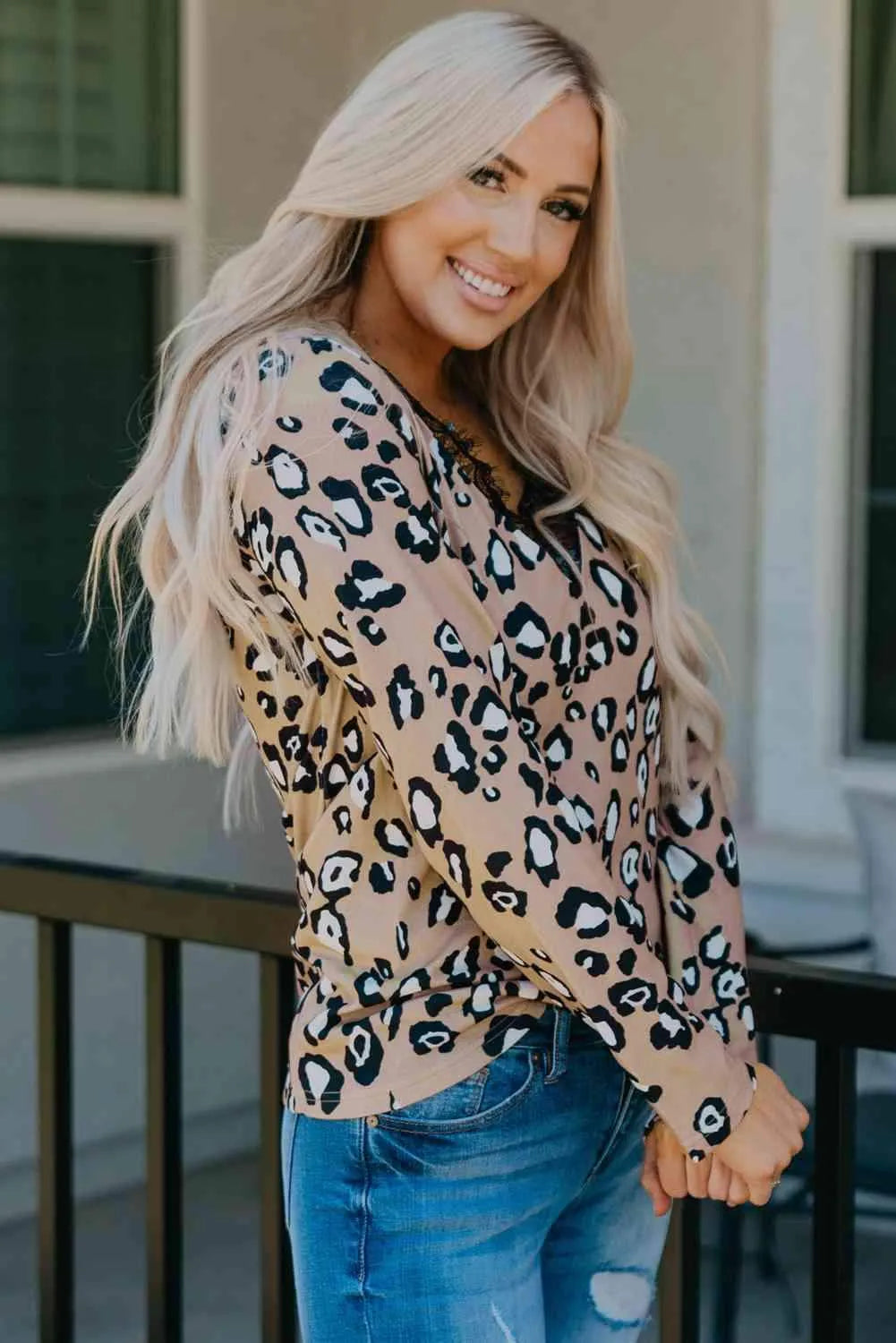 Leopard Print Lace Trim V-Neck Top Blouses - Tophatter Daily Deals
