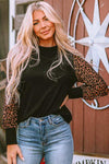 Leopard Print Long Sleeve Ribbed Knit Blouse Black Blouses - Tophatter Daily Deals