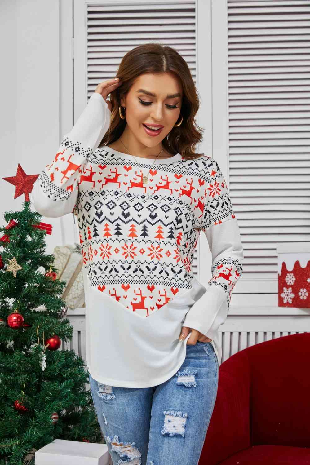 Geometric Round Neck Long Sleeve T-Shirt Women's T-Shirts - Tophatter Daily Deals