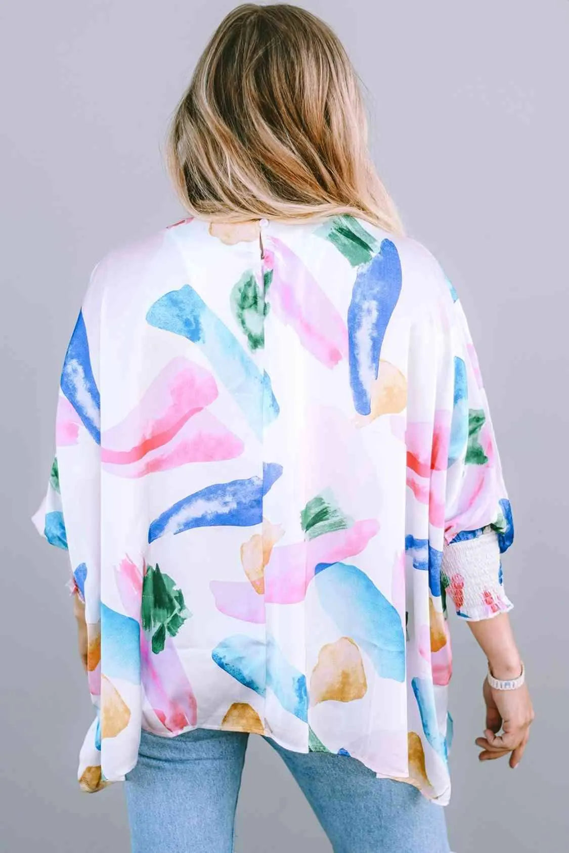 Printed Round Neck Smocked Lantern Sleeve Blouse Blouses - Tophatter Daily Deals