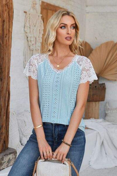 Eyelet V-Neck Lace Short Sleeve T-Shirt Women's T-Shirts - Tophatter Daily Deals