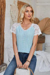 Eyelet V-Neck Lace Short Sleeve T-Shirt Women's T-Shirts - Tophatter Daily Deals