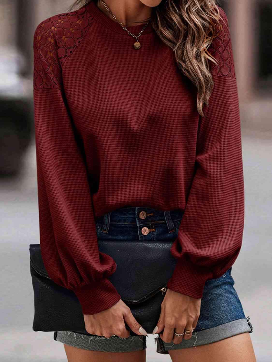 Lantern Sleeve Round Neck Blouse Blouses - Tophatter Daily Deals