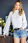 Frill Trim Balloon Sleeve Textured Blouse White Blouses - Tophatter Daily Deals