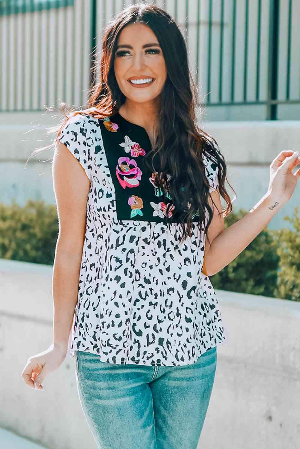 Leopard Notched Neck Short Sleeve Tee Leopard Women's T-Shirts - Tophatter Daily Deals