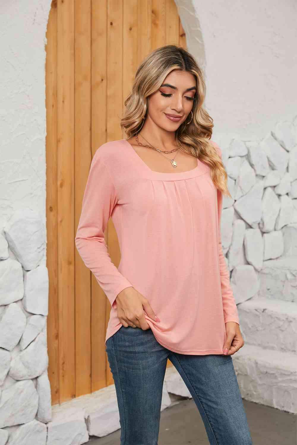 Square Neck Long Sleeve T-Shirt Women's T-Shirts - Tophatter Daily Deals