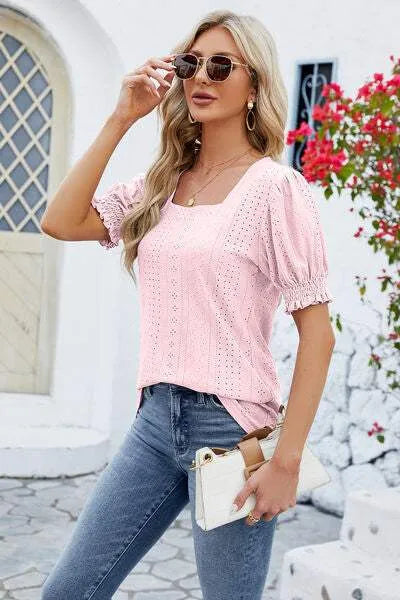 Eyelet Square Neck Short Sleeve T-Shirt Women's T-Shirts - Tophatter Daily Deals