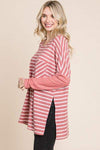 Culture Code Oversize Striped Round Neck Long Sleeve Slit T-Shirt Blouses - Tophatter Daily Deals