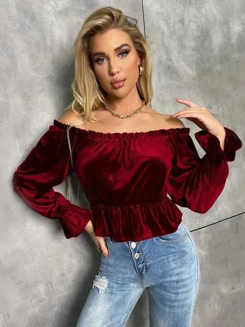 Off-Shoulder Flounce Sleeve Blouse Blouses - Tophatter Daily Deals