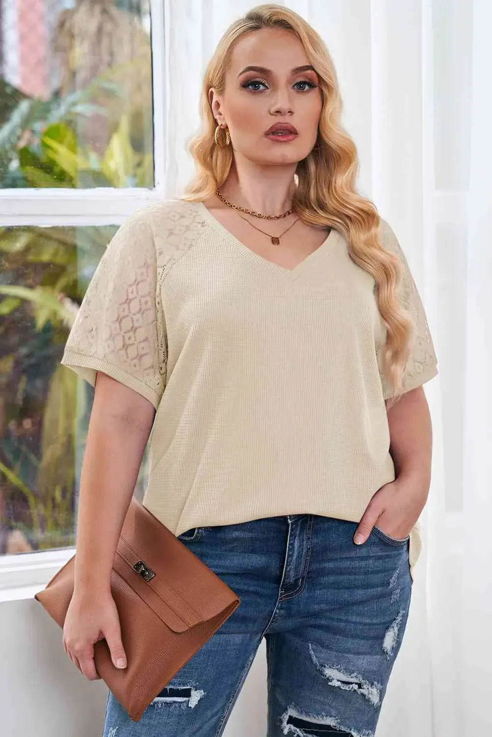 Plus Size Spliced Lace V-Neck Top Blouses - Tophatter Daily Deals