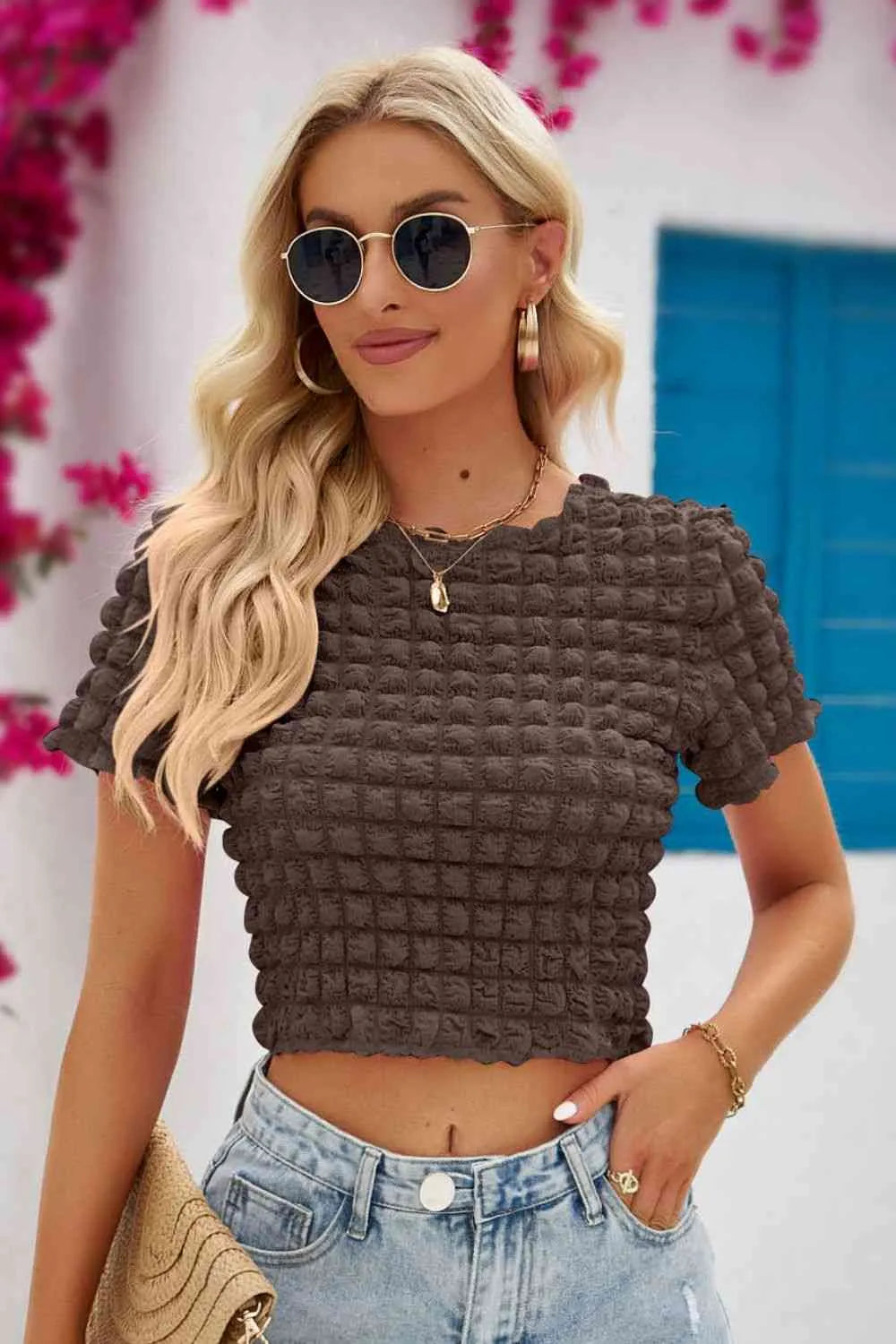 Round Neck Short Sleeve Crop Top Chocolate Blouses - Tophatter Daily Deals