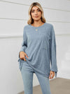 Round Neck Ribbed Long Sleeve T-Shirt Misty Blue Women's T-Shirts - Tophatter Daily Deals