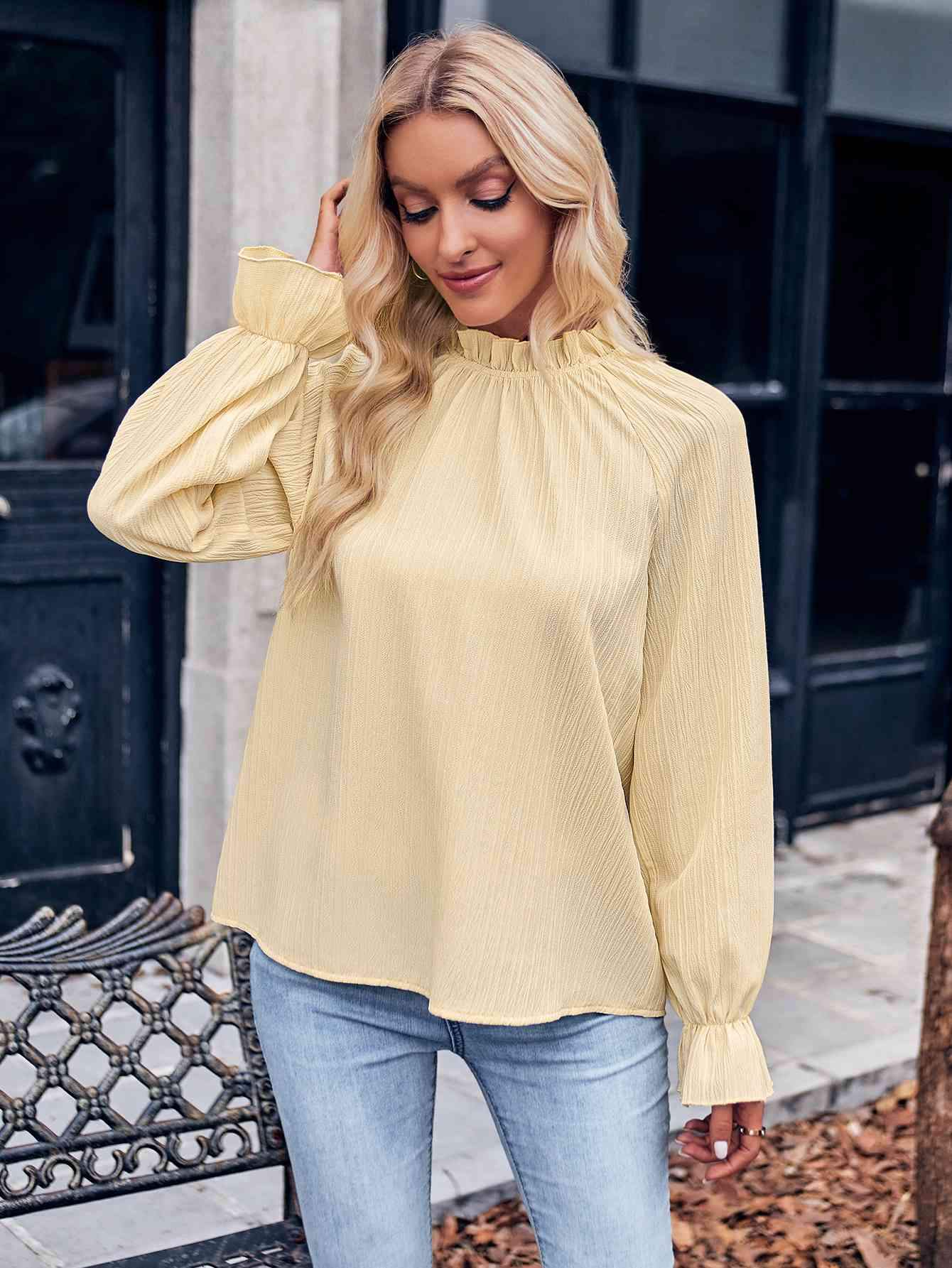 Ruffled Mock Neck Flounce Sleeve Blouse Blouses - Tophatter Daily Deals