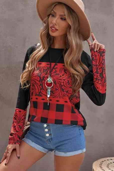 Mixed Print Color Block Long Sleeve Top Women's T-Shirts - Tophatter Daily Deals