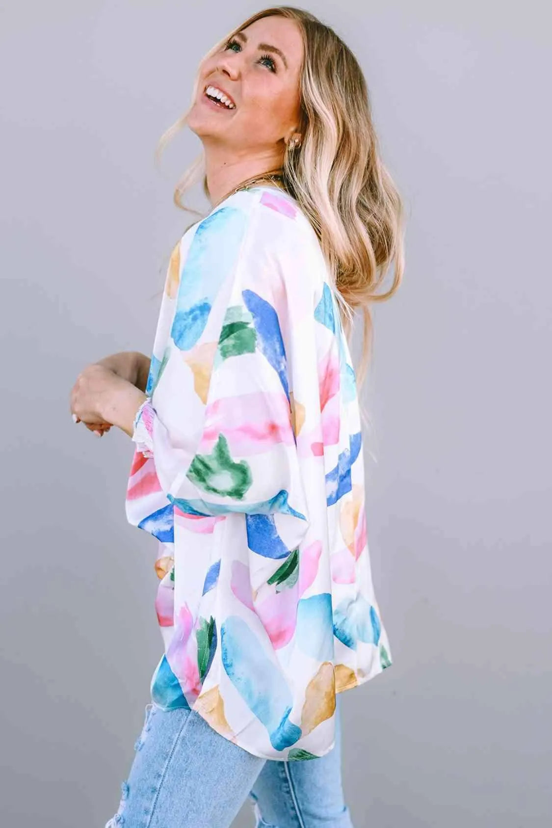 Printed Round Neck Smocked Lantern Sleeve Blouse Blouses - Tophatter Daily Deals