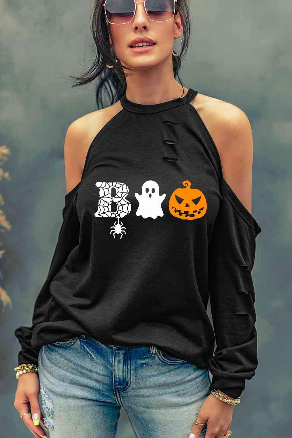 Cold Shoulder Boo Graphic Distressed Blouse Blouses - Tophatter Daily Deals