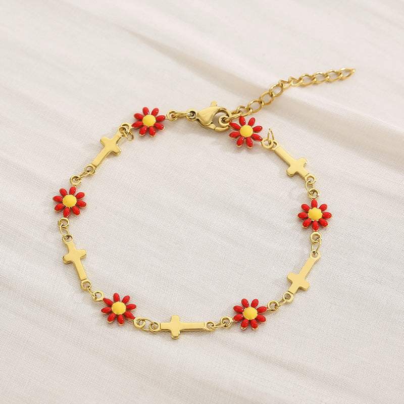 Flower & Cross Stainless Steel Bracelet Bracelets - Tophatter Daily Deals