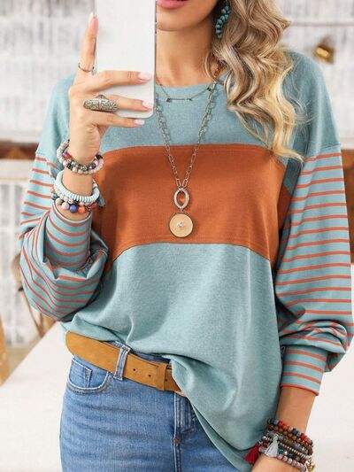 Round Neck Striped Long Sleeve Slit T-Shirt Turquoise Women's T-Shirts - Tophatter Daily Deals