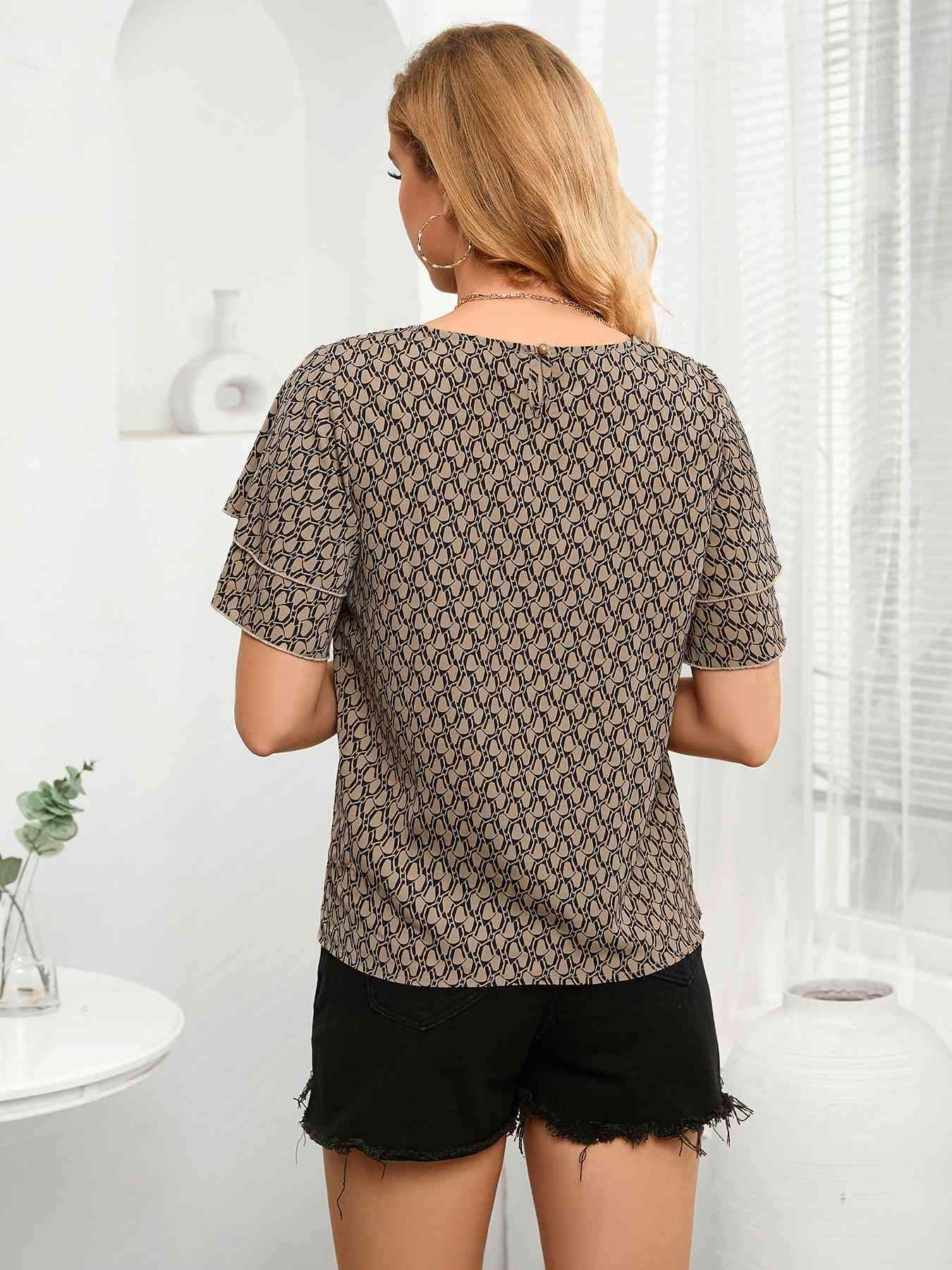 Printed Round Neck Layered Sleeve Blouse Blouses - Tophatter Daily Deals