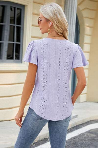 Eyelet Square Neck Short Sleeve T-Shirt Women's T-Shirts - Tophatter Daily Deals