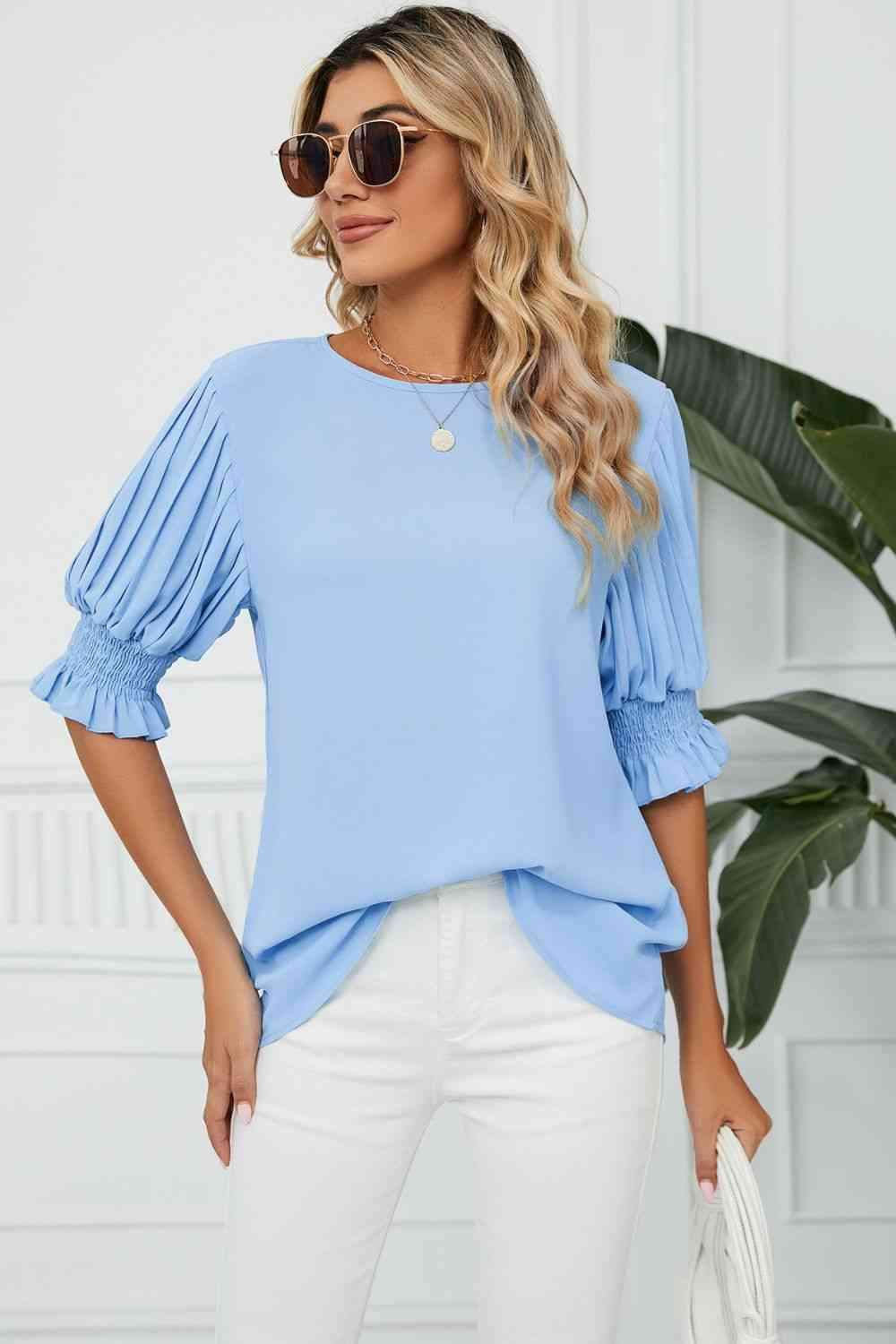 Pleated Flounce Sleeve Keyhole Blouse Blouses - Tophatter Daily Deals