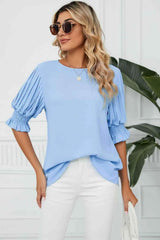 Pleated Flounce Sleeve Keyhole Blouse Blouses - Tophatter Daily Deals
