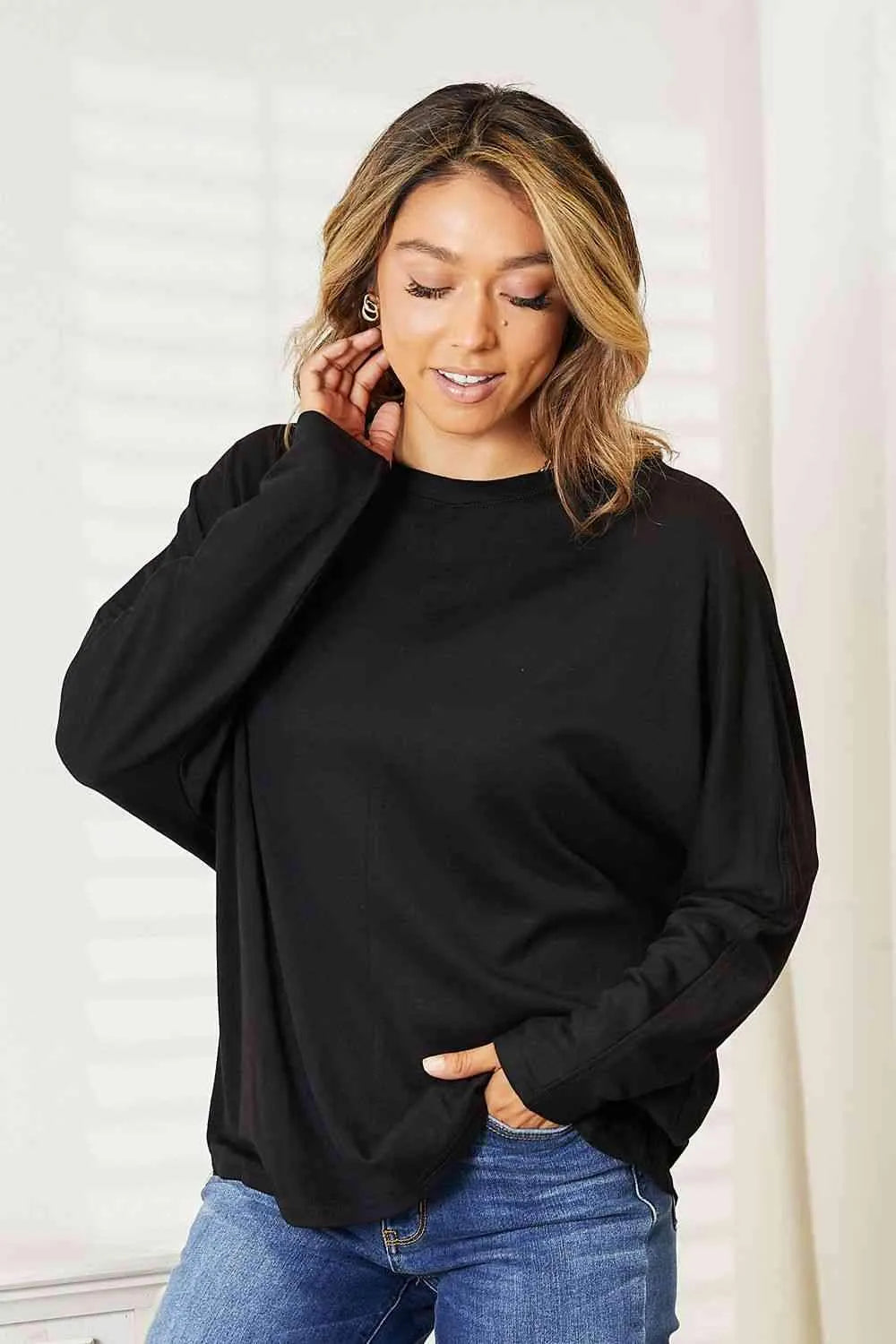 Double Take Seam Detail Round Neck Long Sleeve Top Women's T-Shirts - Tophatter Daily Deals