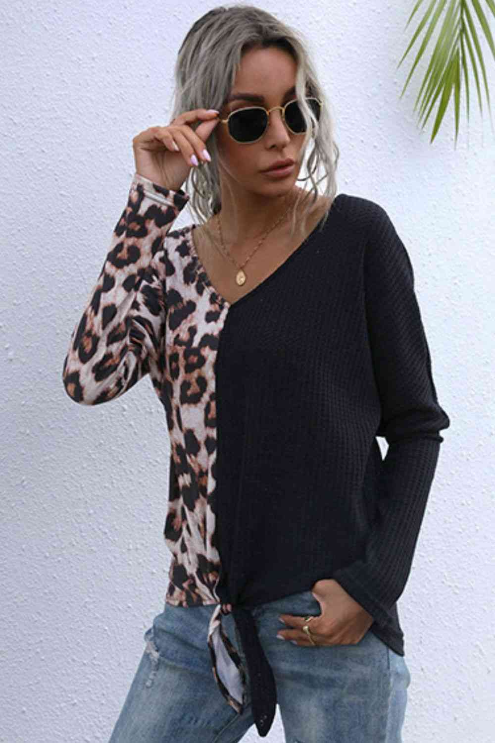 Leopard V-Neck Tie Front Top - Tophatter Deals