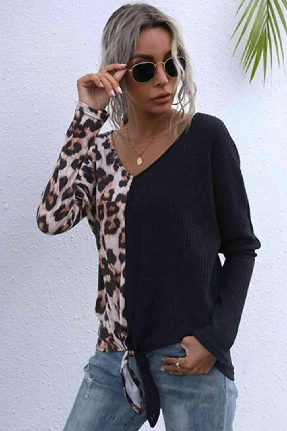 Leopard V-Neck Tie Front Top Black Leopard Blouses - Tophatter Daily Deals