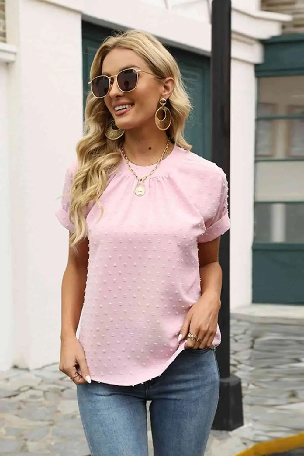 Swiss Dot Round Neck Short Sleeve Blouse Blush Pink Blouses - Tophatter Daily Deals