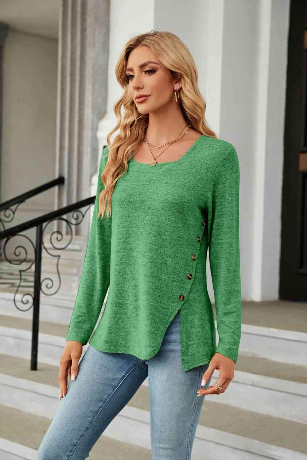 Square Neck Long Sleeve Slit T-Shirt Women's T-Shirts - Tophatter Daily Deals