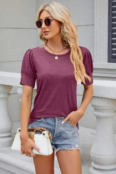 Round Neck Puff Sleeve T-Shirt Women's T-Shirts - Tophatter Daily Deals